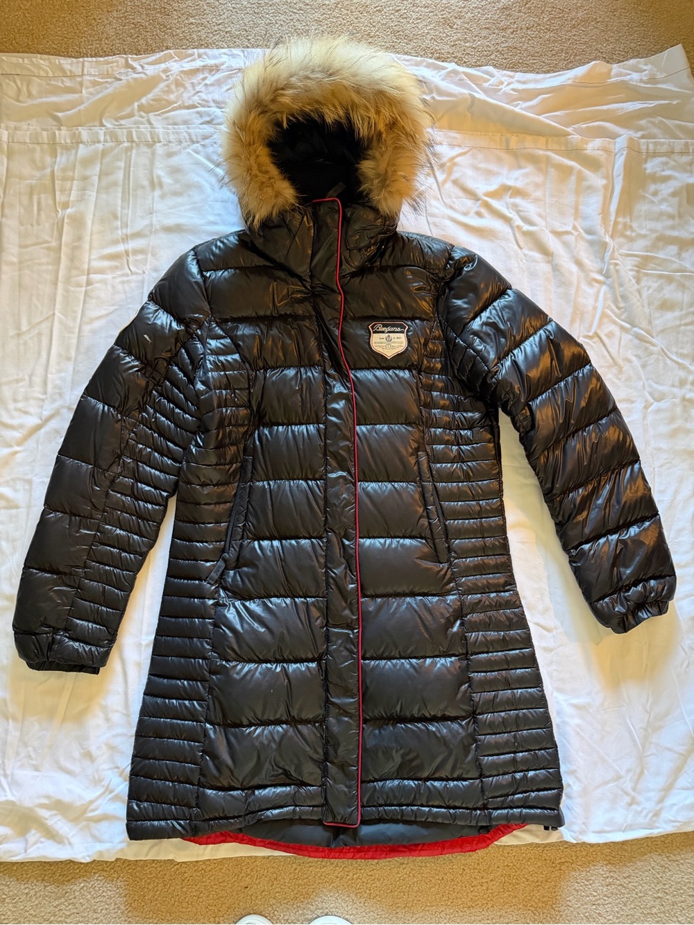Bergens Women's Black Long Puffer Coat with real Fur trim around Hood - (Brand)